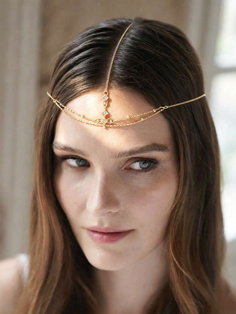 1pc New Double Layer Forehead Chain, Niche Design, Vintage Bohemian Style Bridal Headpiece, Vacation Vibe Versatile Hair Accessory - Gold - View 1