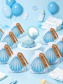 3/12/18pcs Blue Shell Air Cushion Comb Gift Bag Set, Includes Shell Mirror Comb + Organza Bag + Thank You Card, Compact Foldable Mirror Comb, Suitable For Weddings, Holiday Events, Birthdays, Theme Parties, Gatherings, Souvenirs, Scene Atmosphere Decoration - Multicolor - View 6