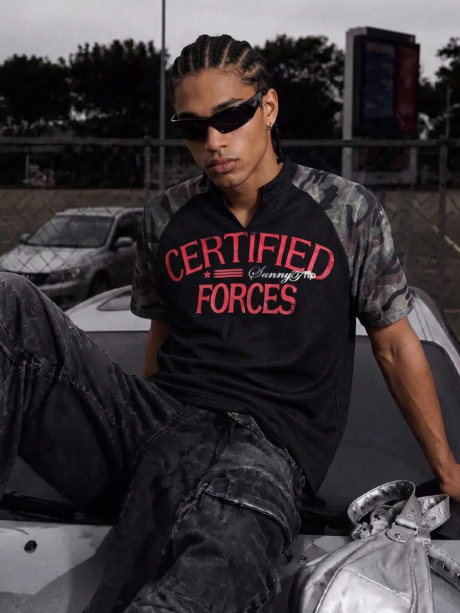 Men's Camo Raglan Waffle Knit Short Sleeve Tee, Vintage Red Letter Graphic V-Neck Jersey Top, Y2K Grunge Streetwear For Urban Skate Outing - Multicolor - View 1