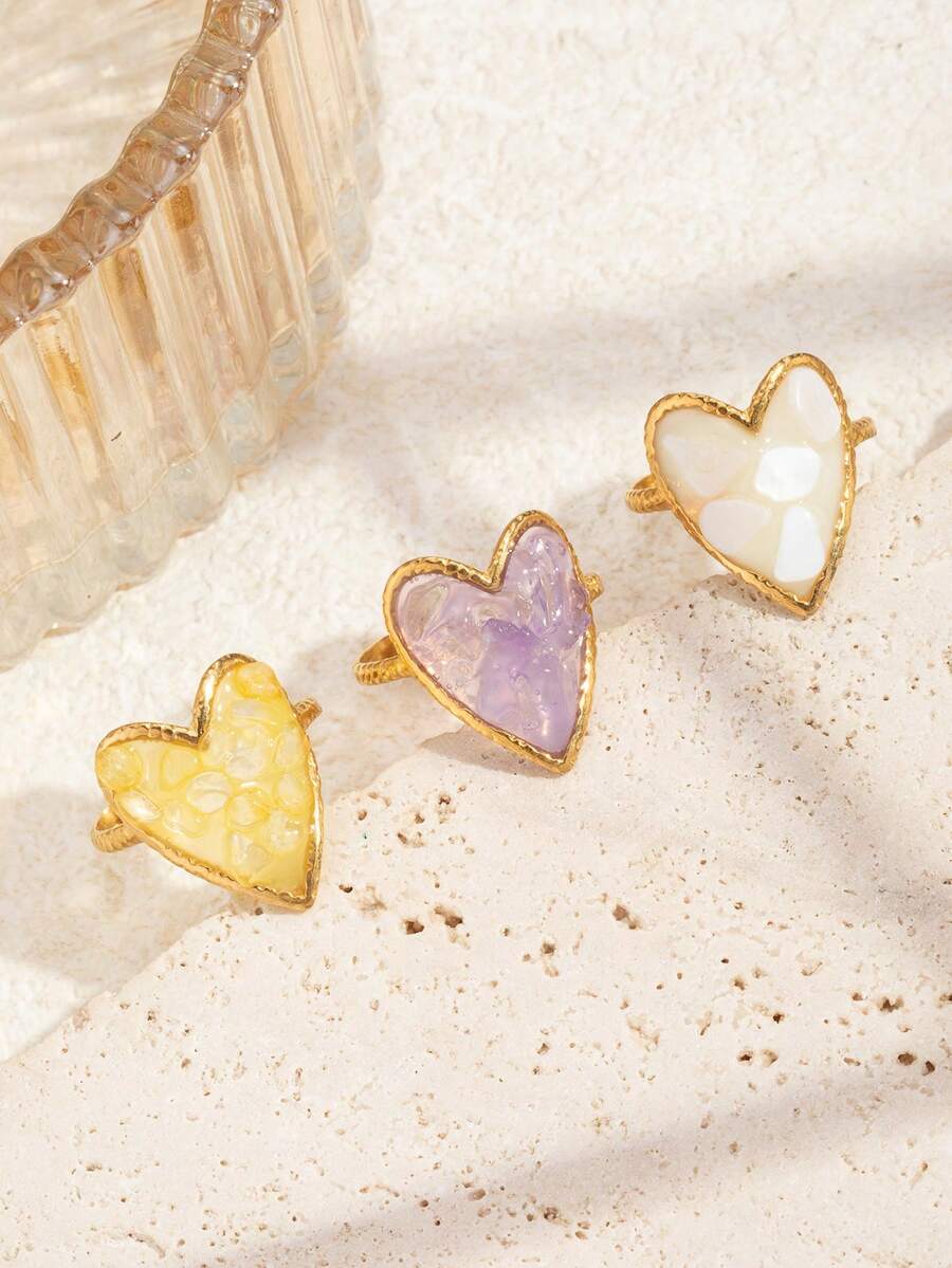 1pc, 3pcs Stainless Steel Fashion Gold-Plated Heart-Shaped Open Ring Set, Inlaid With Multicolor Crushed Stones (Each One Is Different, Please Consider Carefully Before Buying), Suitable For Women's Daily Wear Or Gift Giving - Yellow Gold - View 1
