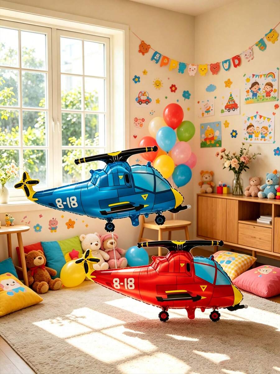 3pcs Red & Blue Helicopter Foil Balloons, Suitable For Boys Birthday, Aviation Theme Party, Military Theme Party, 1st Birthday And Birthday Surprise - Red and Blue Helicopters - View 1