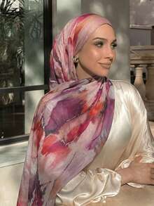 1pc Bohemian Watercolor Print Women's Scarf, Multi-Functional Sun Protection Shawl, Elegant & Versatile, Essential For Beach, Vacation, Travel, Suitable For All Seasons To Match With Dresses - Cherry Blossom Pink - View 1