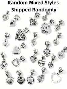 20/30/50pcs Vintage Hollow Heart, Fruit, Tree Of Life, Letter, Angel, Bow, Halloween, Christmas Alloy Pendant Assortment Set, Multiple Style Heart Designs With Connectors, Suitable For DIY Personalized Fashion Bracelets, Necklaces, Keychains And Other Jewelry Accessories - Silver - View 2