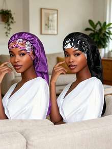2件組女款緞面網布內裡長款睡帽，彈性長髮洗澡帽，純色防毛躁髮帶，多色可選 - 多色 2pcs/set - 查看 14