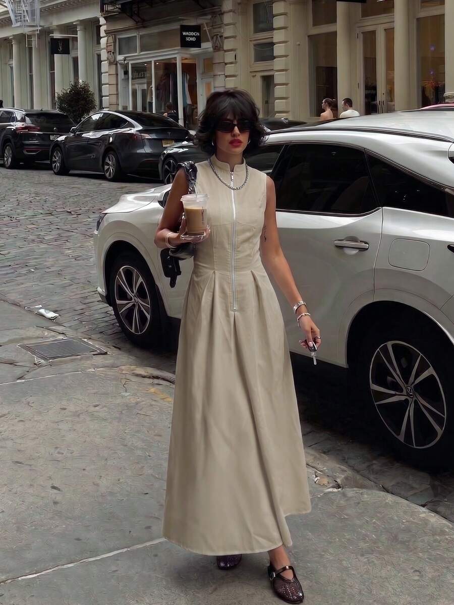 春夏時尚女款法式優雅白色圓領無袖收腰拉鍊長洋裝,簡約通勤開學穿搭,適合戶外穿著 - 卡其色 - 查看 1