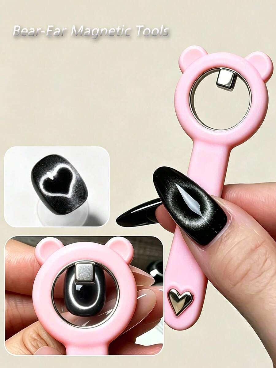 Bastão Magnético para Unhas com Aro de Orelha de Urso e Coração, Ímã de Olho de Gato de Formação Rápida Sem Vazamento de Luz para Salão, Ferramentas de Design de Gel de Unhas com Anel de Coração Feito à Mão e Ímã de Arte de Unhas em V 2 em 1 - Multicolorido - Visão 1