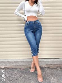 Women's Plus Size Elastic Waist Button Capri Length Jeans, Autumn Essential - Medium Wash - View 2