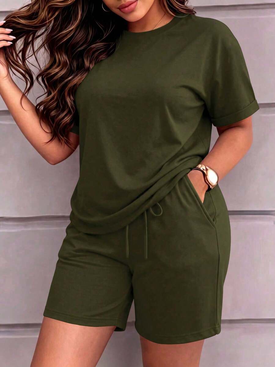 Setelan Piyama Elegan untuk Wanita: Kaos Lengan Pendek Warna Polos Gaya Vintage Kerah Bulat dan Celana Pendek Pinggang Elastis dengan Tali Serut, Cocok untuk Musim Semi/Panas/Gugur - Hijau Tentara - View 1