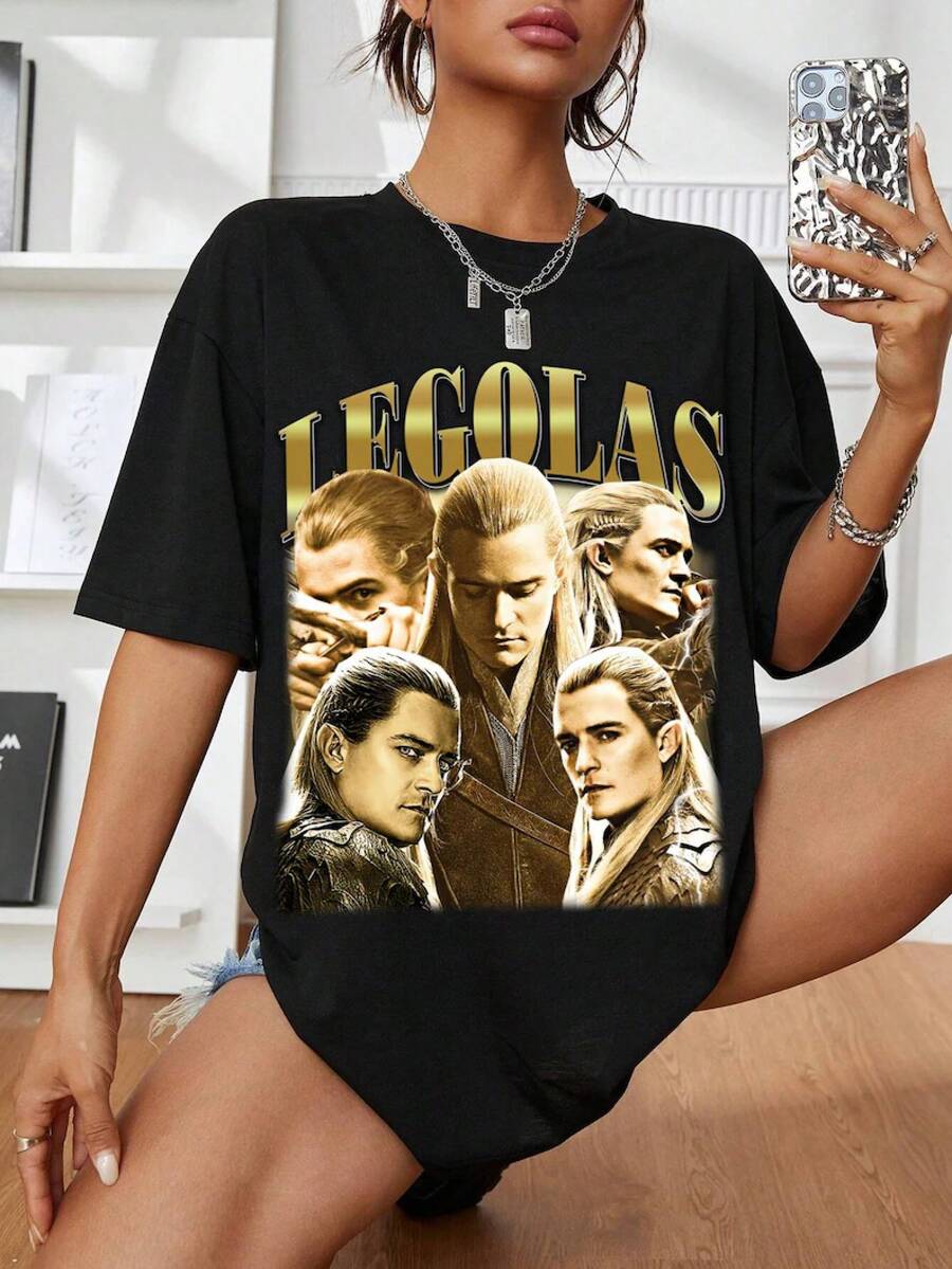 Black Collage T-Shirt With Legolas Portraits, Metallic Gold Lettering, Short Sleeves, Round Neck, Unisex, Vintage 90s Style - 黑色 - 查看 1