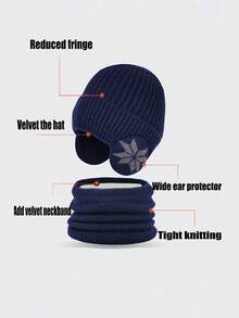 Set 2pcs/Set Topi dan Syal Anak Usia 3-10 Tahun Motif Salju, Topi Rajut Luar Ruangan Musim Dingin dengan Lapisan Bulu Domba, Model Tebal, Cocok untuk Bersepeda di Musim Dingin - Grey - View 11