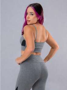 Gray Cropped Top With Straps, Crossed Back, No Transparency, And Removable Padding - Gray With Black Detail and Straight Strap. - View 2