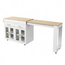 Mobile Kitchen Island/Kitchen Trolley On Wheels, Extendable Bar Table With Storage Space, Kitchen Unit With Glass Doors, Drawers And Shelf, White, 132.5-217 X 50 X 93 Cm - White - View 1