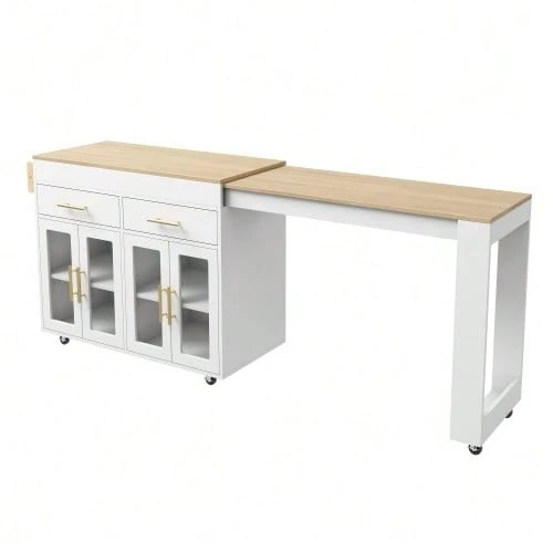 Mobile Kitchen Island/Kitchen Trolley On Wheels, Extendable Bar Table With Storage Space, Kitchen Unit With Glass Doors, Drawers And Shelf, White, 132.5-217 X 50 X 93 Cm - White - View 1