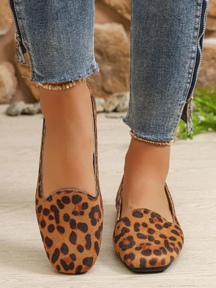 Zapatos planos para mujer cómodos y versátiles de primavera/otoño, con estampado de leopardo multicolor, sin cordones y de caña baja - marrón amarillento - Ver 1