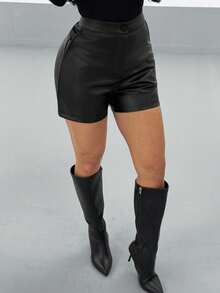 SMILE CHIC Versatile Black Elastic PU Skinny Shorts, Accommodating Design With Slant Pockets And Buttons, Suitable For Daily Wear, Parties And Dates, Suitable For All Seasons Summer - Black - View 7