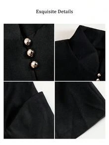 Elegaris Autumn/Winter Black Stand Collar Hollow Out Buckle Blazer Old Money Court Style Commute Daily Wear - Black - View 7