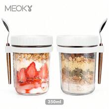 Meoky 12oz/350ml [1/2入] 隔夜燕麥罐附湯匙與蓋子，密封燕麥儲存罐附刻度標記，附蓋梅森罐隨行穀物容器 - 白色 - 查看 2