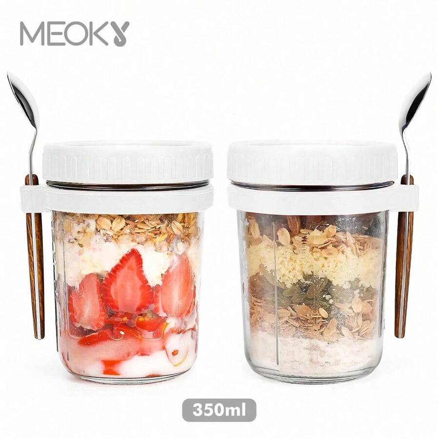 Meoky 12oz/350ml [1/2入] 隔夜燕麥罐附湯匙與蓋子，密封燕麥儲存罐附刻度標記，附蓋梅森罐隨行穀物容器