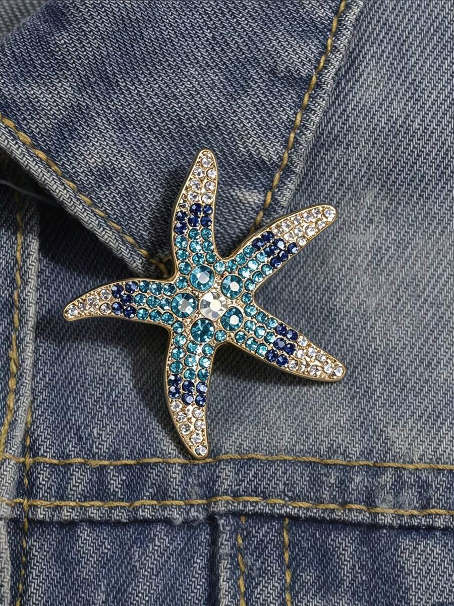 金色星星胸针,DIY蓝绿色水晶镶嵌胸针,海洋沙滩主题饰品,优雅夏季配饰,父亲节、情人节、生日礼物(适合女性和女孩),西装翻领婚礼派对装饰 - 彩色 - 查看 1