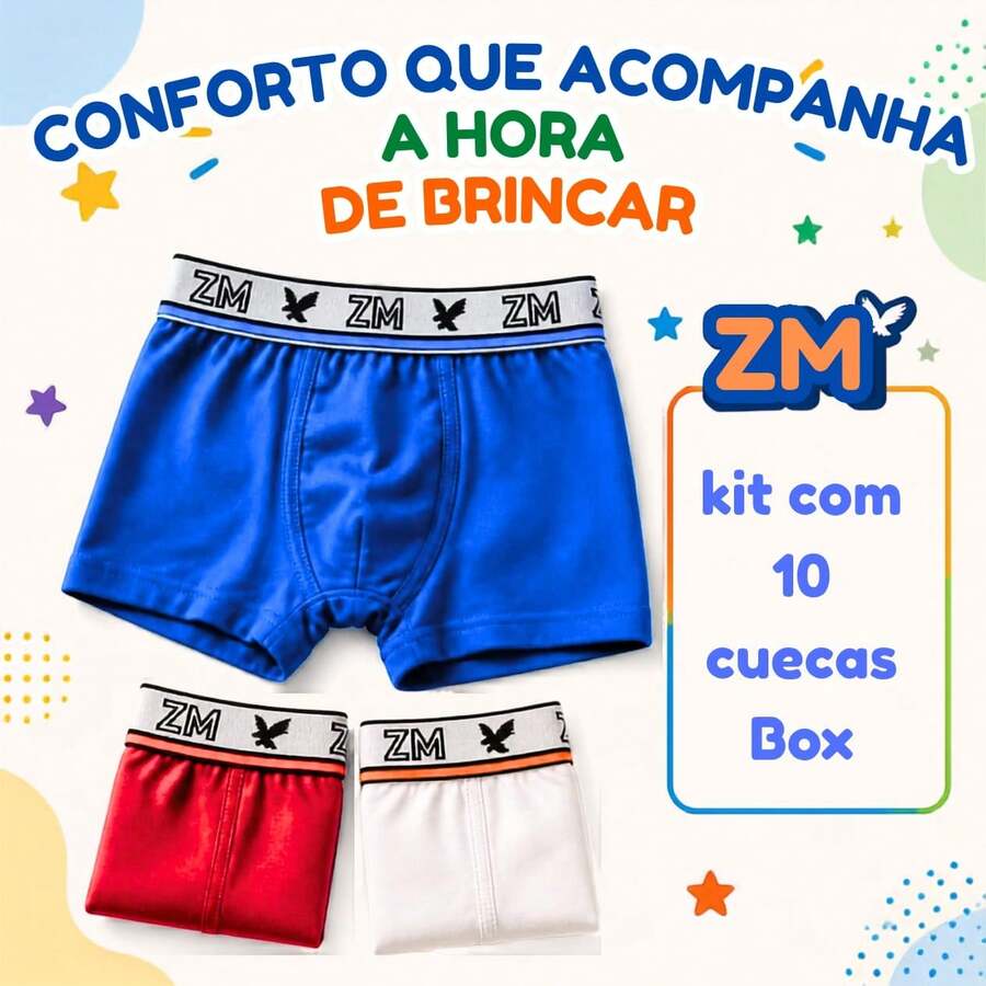 Kit com 10 Cuecas Boxer Infantil em Microfibra para Meninos Cueca Box Juvenil