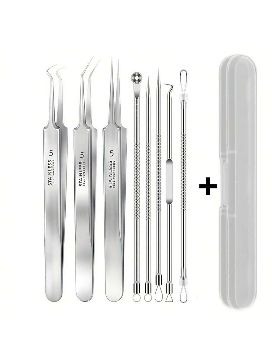 8pcs Stainless Steel Blackhead Removal Tool Kit - Professional Acne Pimple Extractor Tools - Suitable For All Skin Types Acne Pimple Removal Tool Set - Fragrance-Free Portable Facial Care - A - View 1