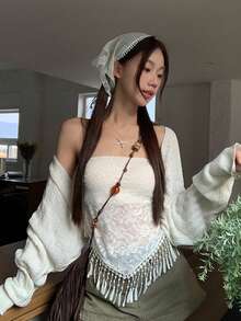 寬鬆版型優雅防曬針織罩衫 - 米白 - 查看 10