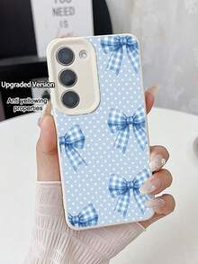 WeiMi 1pc Fashionable Personalized Blue Plaid Bowknot With Polka Dot Pattern Waterproof Anti-Drop Anti-Slip Lychee Texture Soft Phone Case Protective Cover, Suitable As Birthday Gift, Holiday Gift For Friends, Family, Couples, Yourself, Compatible With Samsung And Phones - Multicolor - View 1
