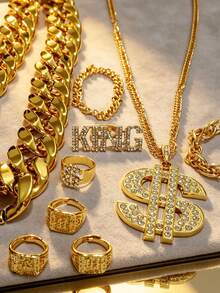 9pcs/Set Hip Hop Punk Gold Necklace Exaggerated Big Gold Chain Wealth Fortune Gold Ring Set, Retro Punk Style, Suitable For Party, Gathering, Halloween, COS - 9 Gold Pieces - View 7