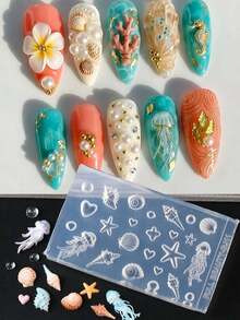海洋主題 3D 矽膠美甲模具 貝殼 扇貝 水母 愛心 氣泡魚 水生植物 水下世界 海洋生物 可重複使用美甲雕刻矽膠模具 夏季海灘度假 凝膠指甲油印花美甲模板工具 - 無色 - 查看 12