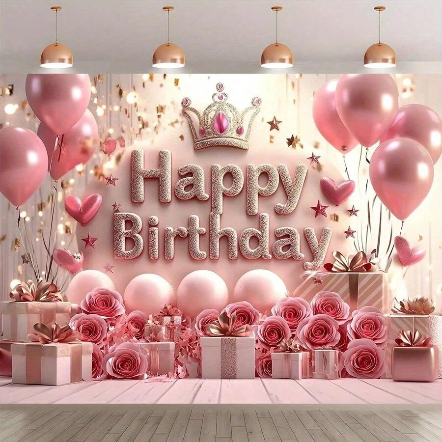1 Peça Banner de Bottom de Festa de Aniversário Luxuoso com Coroa e Balão, Adequado para Decoração de Parede de Bottom de Festa, Celebração e Decoração de Aniversário, Fácil de Pendurar, Adequado para Uso Interno e Externo - rosa - Visão 1