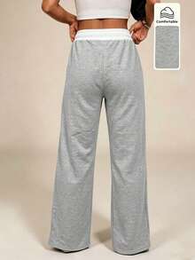 Women High Waist Drawstring Wide Leg Straight Leg Sports Pants With Side Pockets Fall Winter Workout Yoga Fitness Training Outdoor Lounge Trousers - Grey - View 3