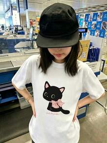 夏季新款 Gen Z 風格女款可愛小貓印花圓領短袖休閒白色 T 恤 - 白色 - 查看 5