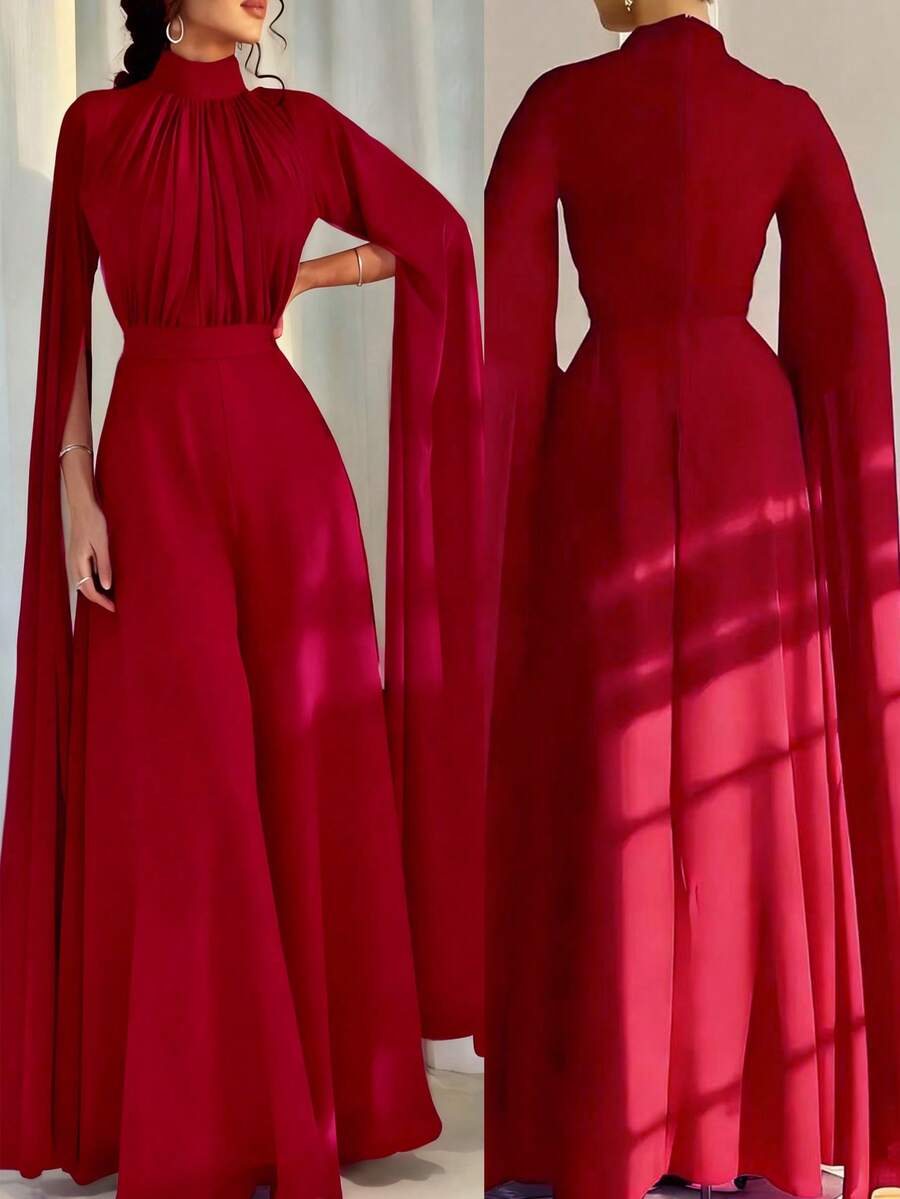 Elegant Solid Color Stand Collar Extra Long Evening Gown Wedding Fall - Burgundy - View 1