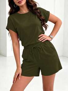 Setelan Piyama Elegan untuk Wanita: Kaos Lengan Pendek Warna Polos Gaya Vintage Kerah Bulat dan Celana Pendek Pinggang Elastis dengan Tali Serut, Cocok untuk Musim Semi/Panas/Gugur - Hijau Tentara - View 7