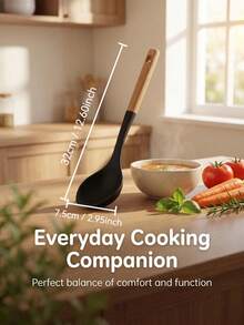 Silicone Soup Spoon: Natural Wood Heat-Insulating Handle + Off-White Silicone Spoon Head. No Residue. Suitable For Soup, Stir-Fry, Sauce Mixing. Universal Design. Does Not Damage Or Stick To Cookware Coating. - Multicolor - View 2