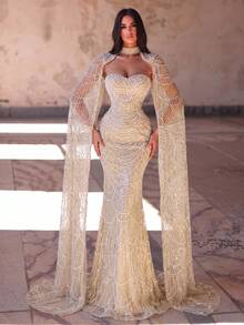 Faeriesty Elegant Strapless Mermaid Long Dress With Cape Sleeves, Beaded Embroidery, Slim Fit Party - Champagne - View 4
