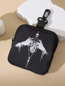 Double-Sided Dark Theme Print Mini Coin Purse, Portable Multi-Function Small Bag, Suitable For Earphones, Keys, Cards, Cosmetics And Small Items - Black - View 5