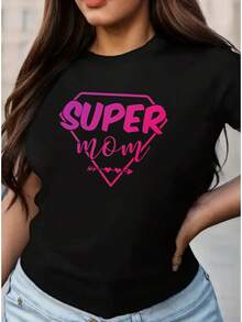 Women's Casual Sports T-Shirt With Round Neck, Elastic, Short-Sleeved, Printed With The Lettering "SUPER MOM", Spring/Summer Fashion, Women's Casual S - 黑色 - 查看 12