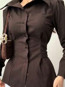 Blus Wanita Elegan Lengan Panjang Berkerah Kancing Depan Ikat Pinggang Belakang Potongan Ramping, Warna Polos Ikat Pinggang Belakang Kancing Depan untuk Kantor Kencan Sehari-hari Musim Gugur Musim Dingin - Cokelat - View 8