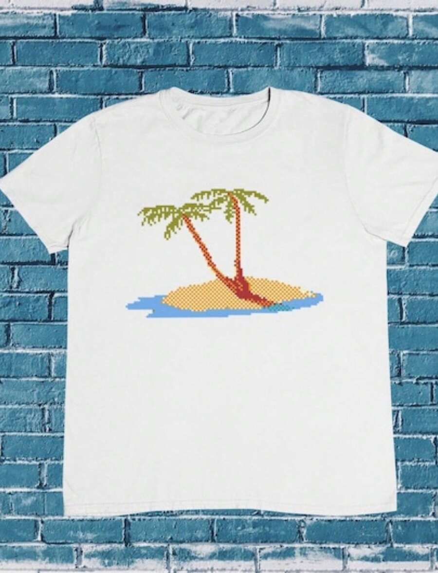 Pixel Art Palm Tree T-Shirt_ Tropical Island Cotton Tee.Jpg - 白色 5 - 查看 1