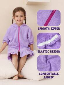 SHENG CHUN 1pc Girls Swimming Cover-Up, Cute Petal Sleeve, Flared Hem, Multiple Age Options, Hooded Zipper Absorbent Towel Robe, Suitable For Toddlers And Children, Home, Swimming, Bathing Essential - White - View 5