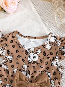 Conjunto de dos piezas para niños pequeños con cuello redondo, mangas de volantes, estampado de mariposas y ribete acanalado de unicolor – Simple, lindo y perfecto para primavera y verano. - Caqui - Ver 12