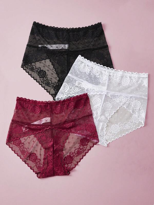 3 Buah Celana Dalam Renda Seksi Wanita Ukuran Plus, Gaya Romantis Prancis, Warna Burgundy & Hitam, Hadiah Lingerie untuk Anak Perempuan