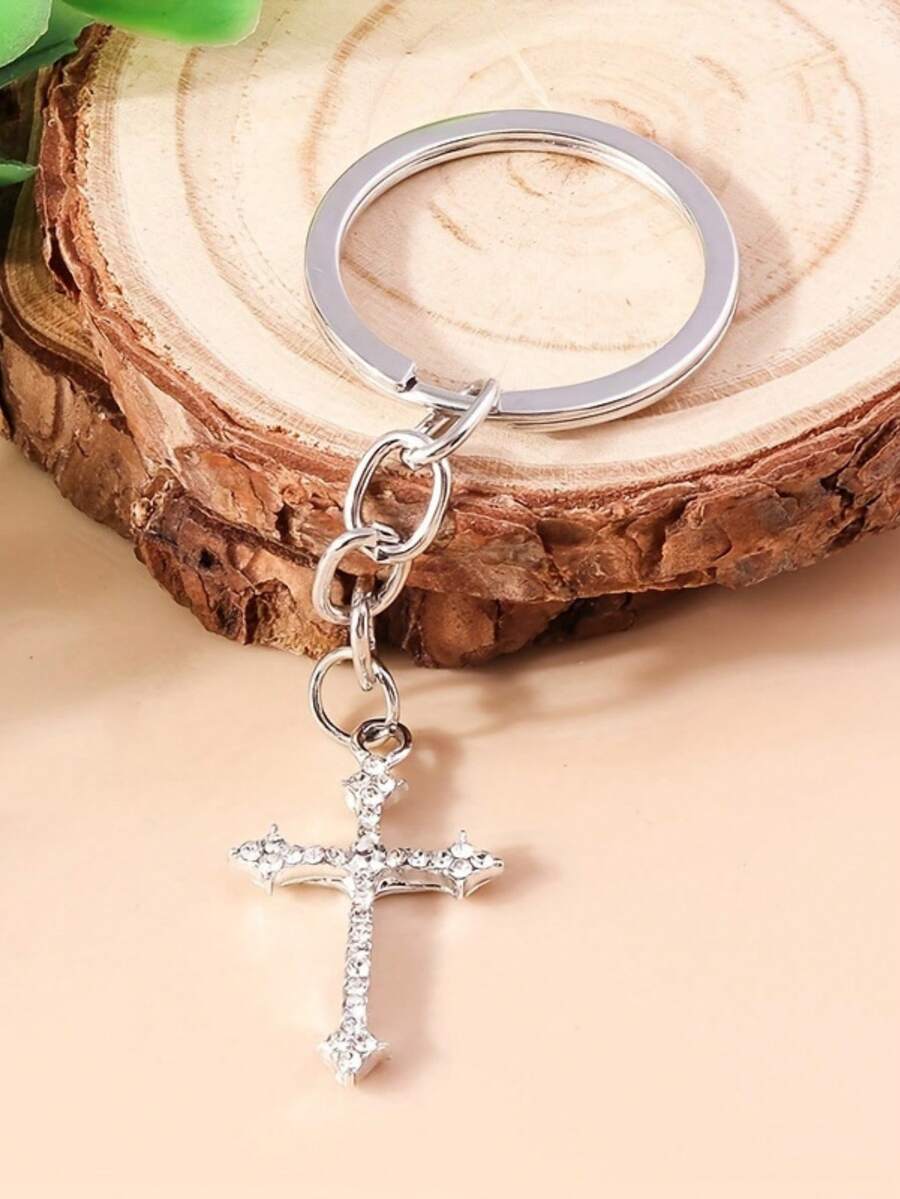 1pc Diamond Crystal Cross Religious Beautiful Keychain - Silver - View 1