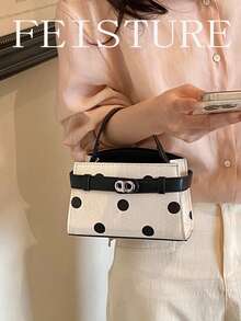 FEISTURE 1件女款純色手提包，配金屬扣環、磁吸開合、長肩帶 - 黑與白 - 查看 6