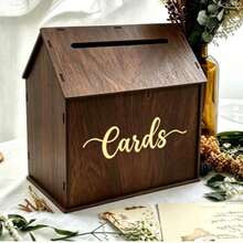 1pc 2026 Creative Wooden Wedding Mori Style Vintage Card Storage Display Box, Wooden House Shaped Card Storage Box (Card House), Gold "Cards" Lettering - A - View 2