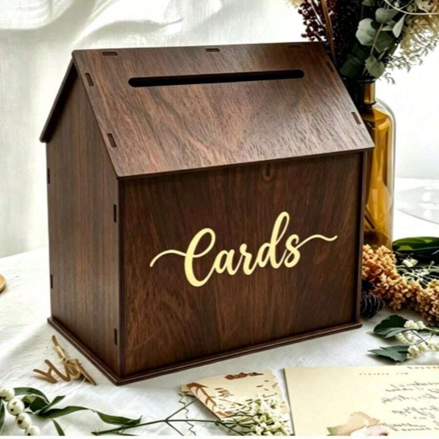 1pc 2026 Creative Wooden Wedding Mori Style Vintage Card Storage Display Box, Wooden House Shaped Card Storage Box (Card House), Gold "Cards" Lettering
