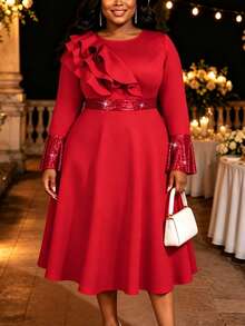 AOMEI Plus Size Women's Elegant Luxurious Red Mid-Length A-Line Dress, Long Flared Sleeve Design, Round Neck With Ruffle Trim, Suitable For Wedding, E - Red - View 7