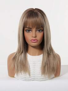 16 Inch Layered Straight Heat Resistant Synthetic Wig Dark Root Caramel Blonde Highlight Wig With Air Bangs, Realistic Hairline Lightweight Daily Date Photo Hair Wig For Women - Multicolor - View 5