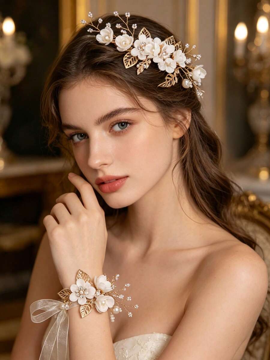 2件組重磅扭珠合金葉片新娘婚季髮梳與手鍊套組,重磅扭珠珍珠合金葉片花朵髮梳與手鍊,適用正式禮服派對髮型造型 - 63462白色 - 查看 1